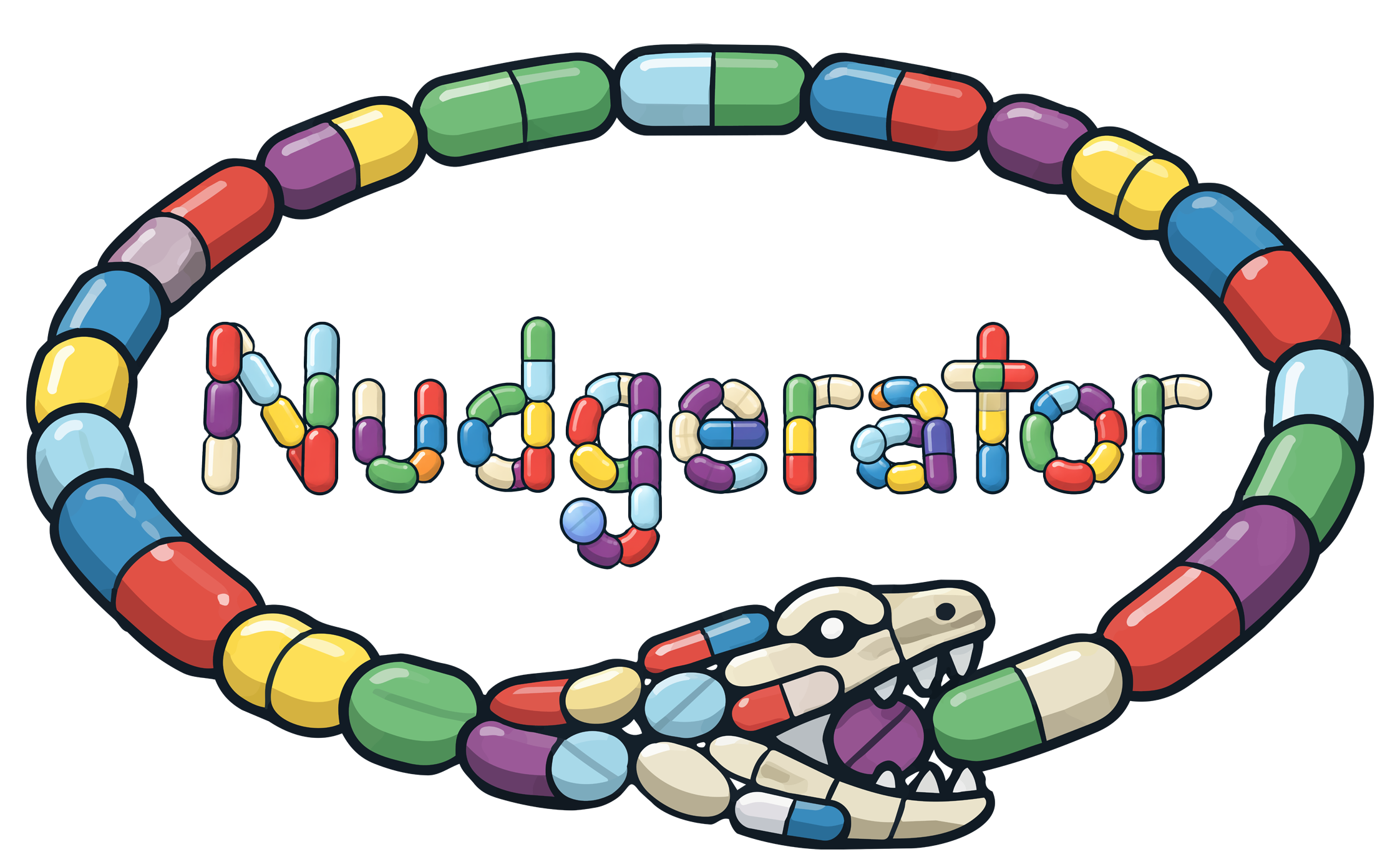 Nudgerator — a colorful pill-snake mascot encircling the word Nudgerator